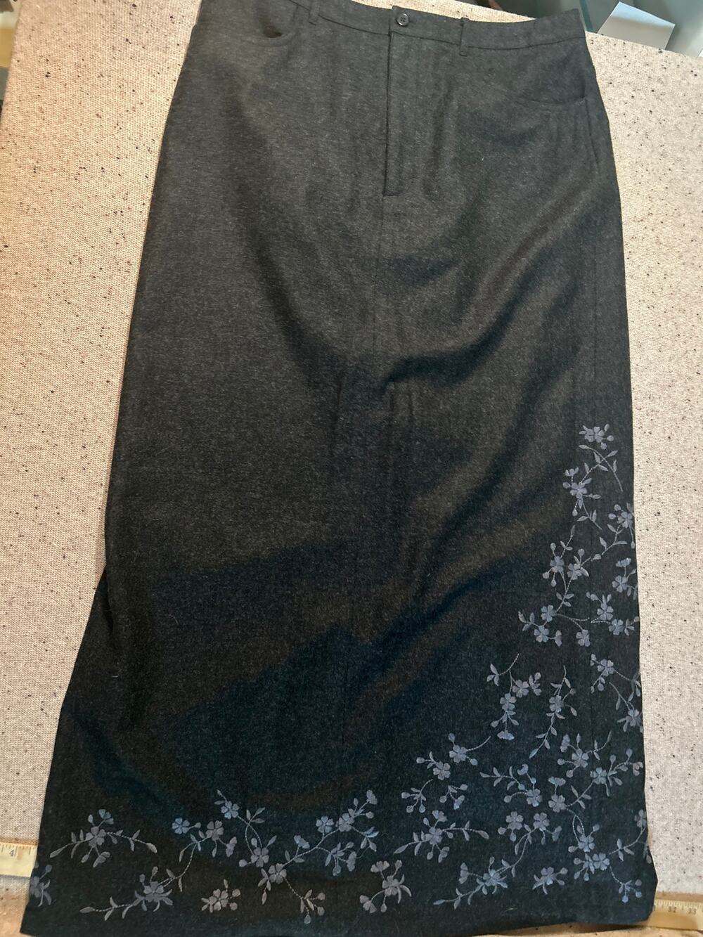 Eddie Bauer Lined Wool Maxi Skirt 14T Charcoal Embroidered Flowers Modest